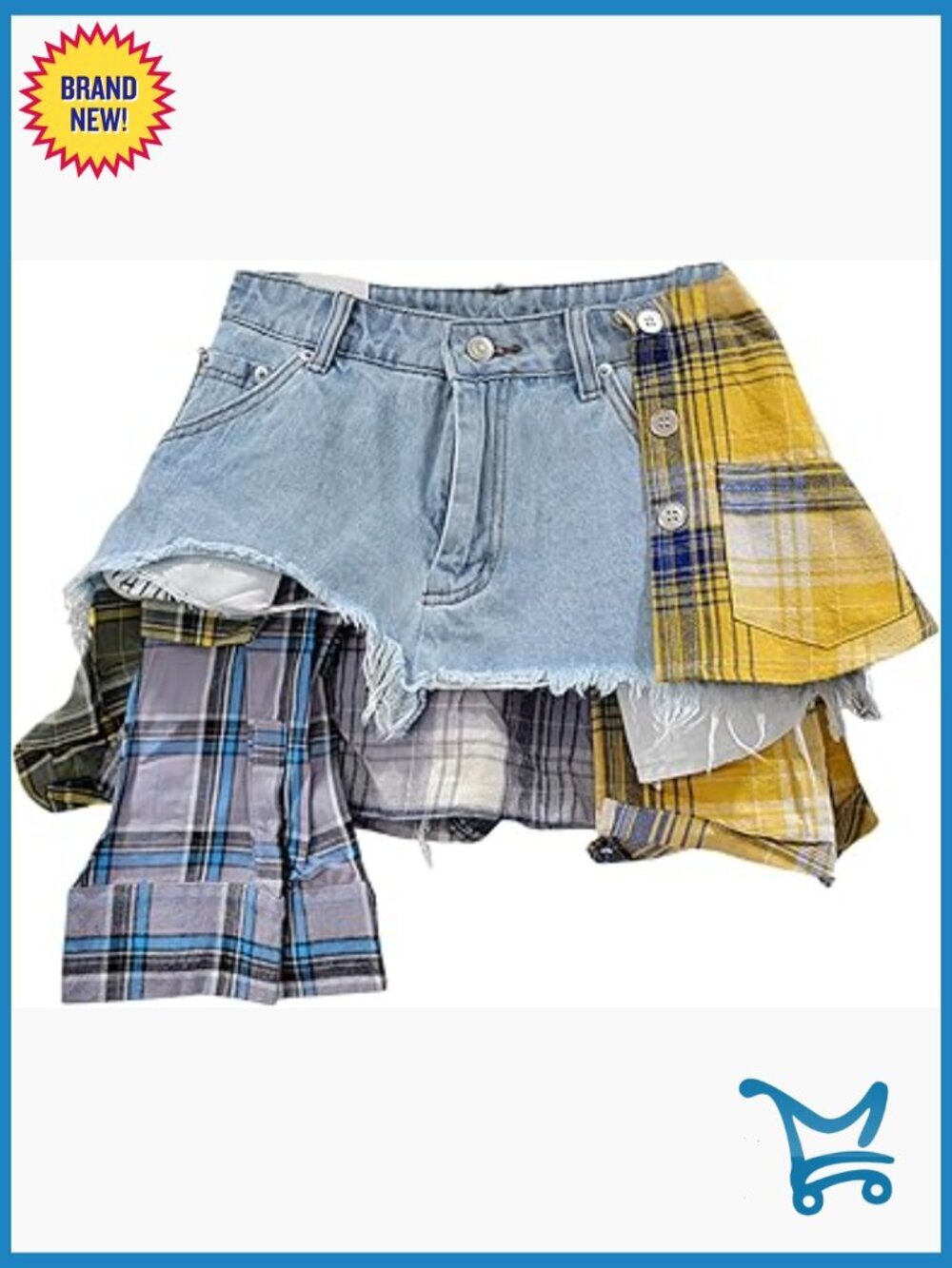 High Waist Plaid Patchwork Asymmetrical Hem A Line Mini Denim Skirt